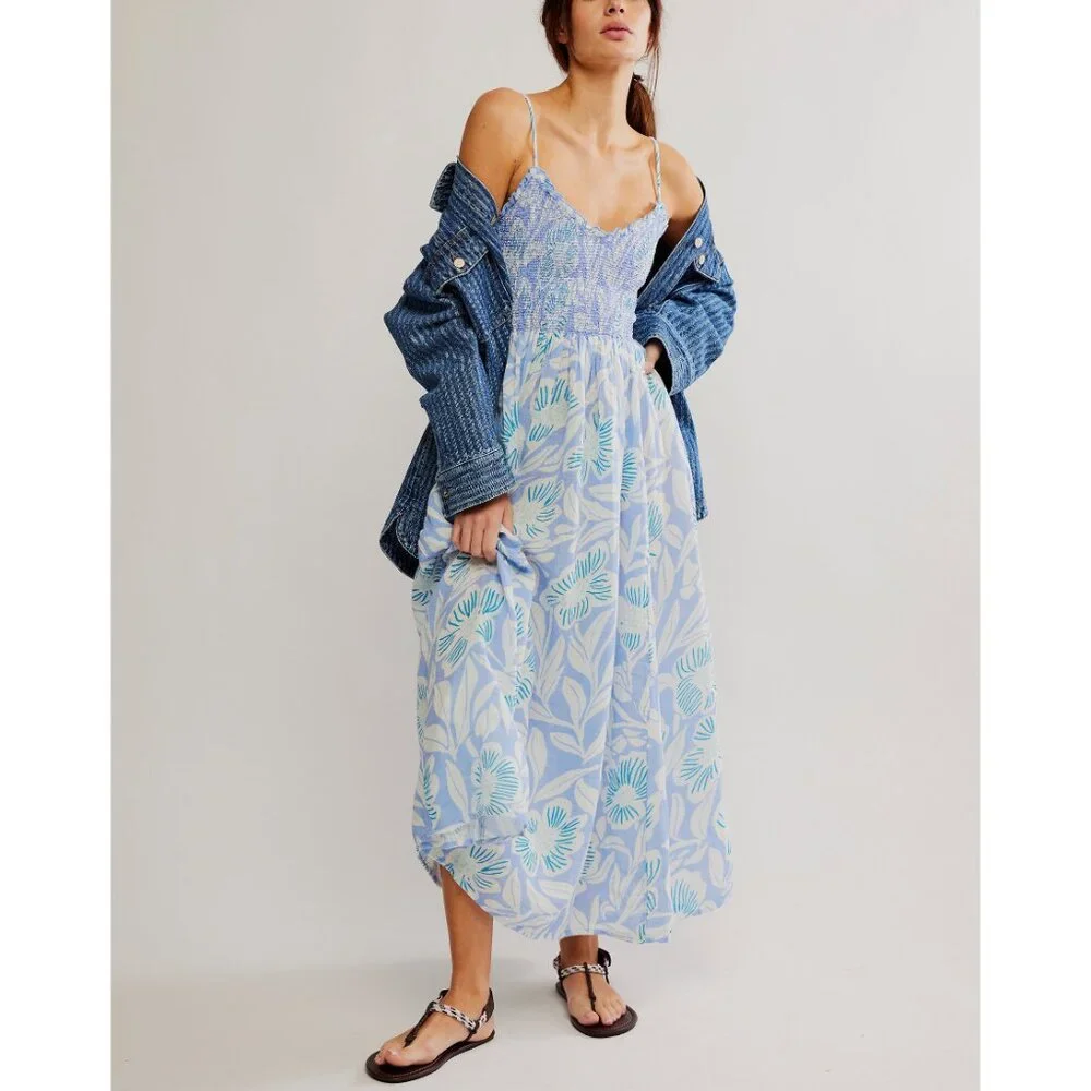🎉LAST CHANCE🎉 FREE PEOPLE Sweet Nothings Midi Dress / Blue Vista Combo - Picture 1 of 7